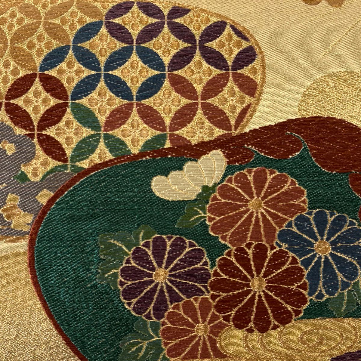 袋帶 秀品級 貝合草花紋 金絲 金金箔 金 六通 純蠶絲