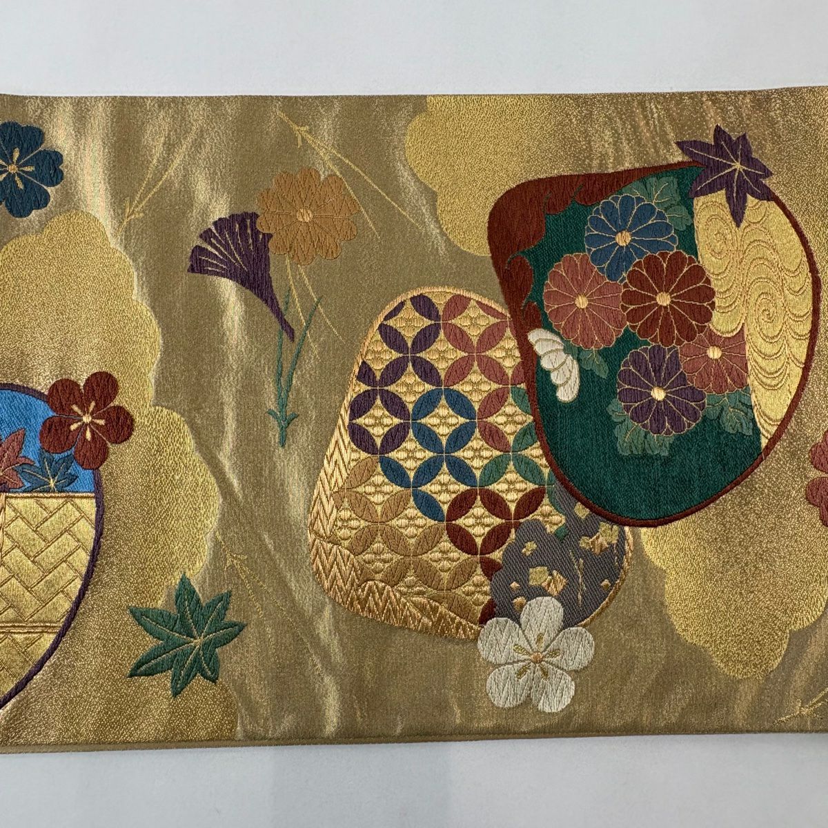 袋帶 秀品級 貝合草花紋 金絲 金金箔 金 六通 純蠶絲