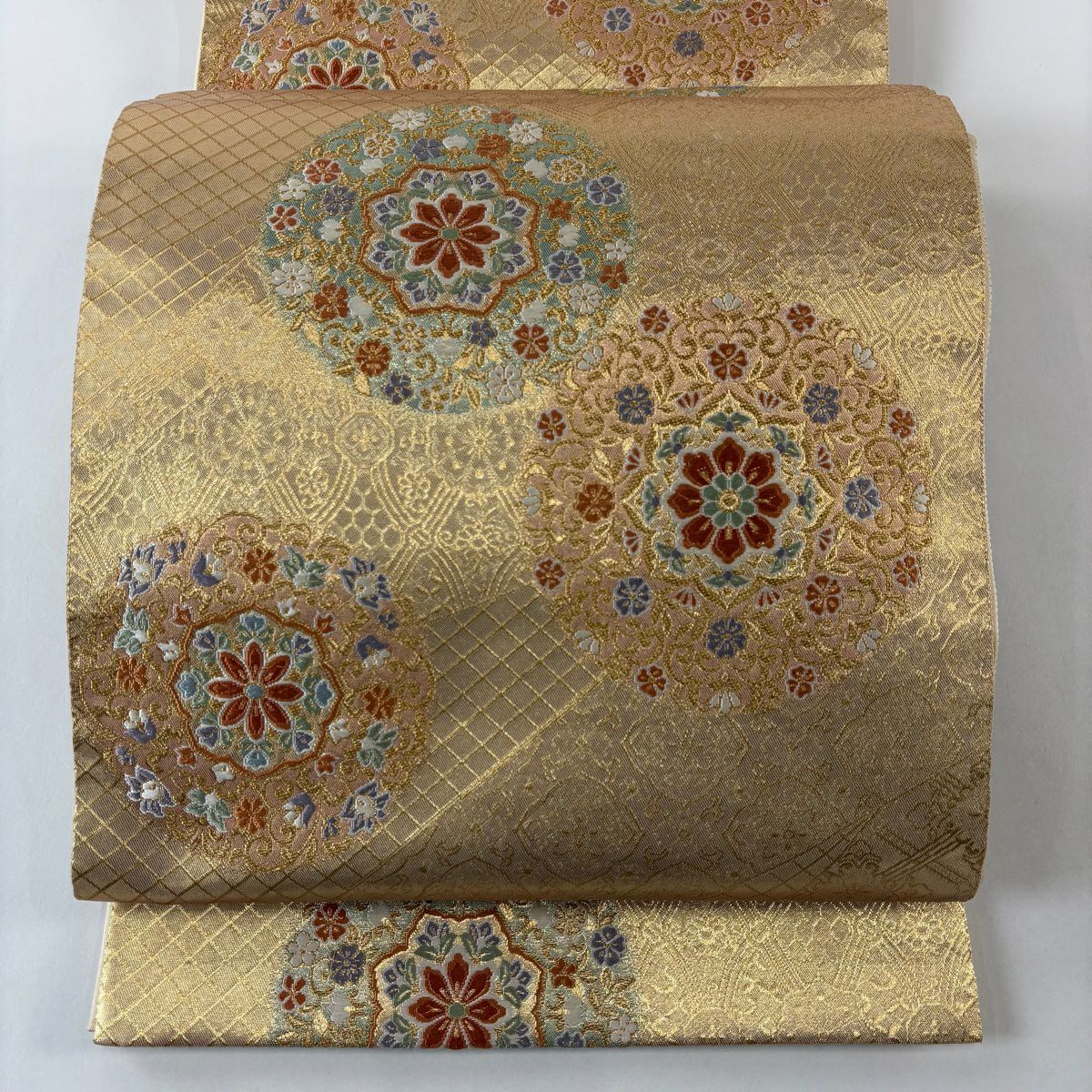 【美品】 袋帶 秀品級 華紋 花唐草紋 金絲 金金箔 金 六通 純蠶絲