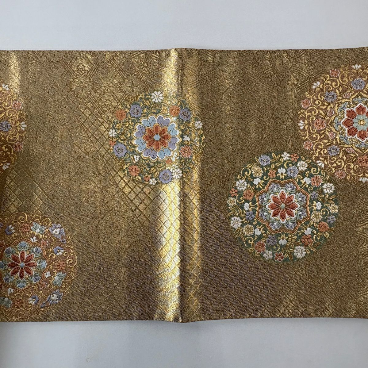 【美品】 袋帶 秀品級 華紋 花唐草紋 金絲 金金箔 金 六通 純蠶絲