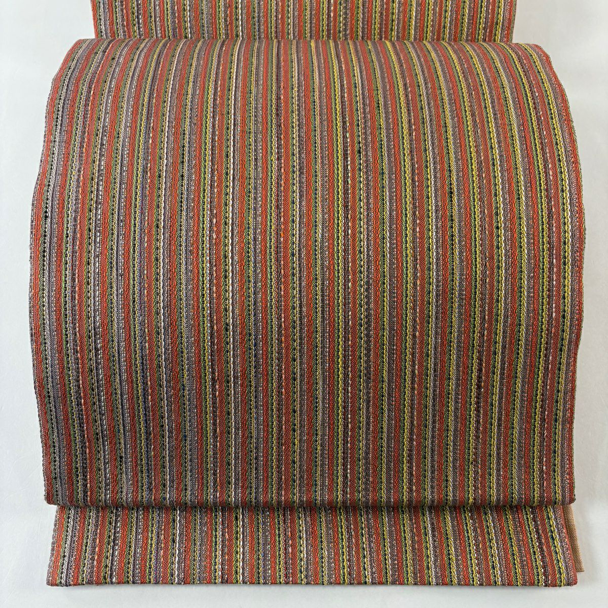 【美品】 袋帶 秀品級 縞 紅茶 全通 純蠶絲
