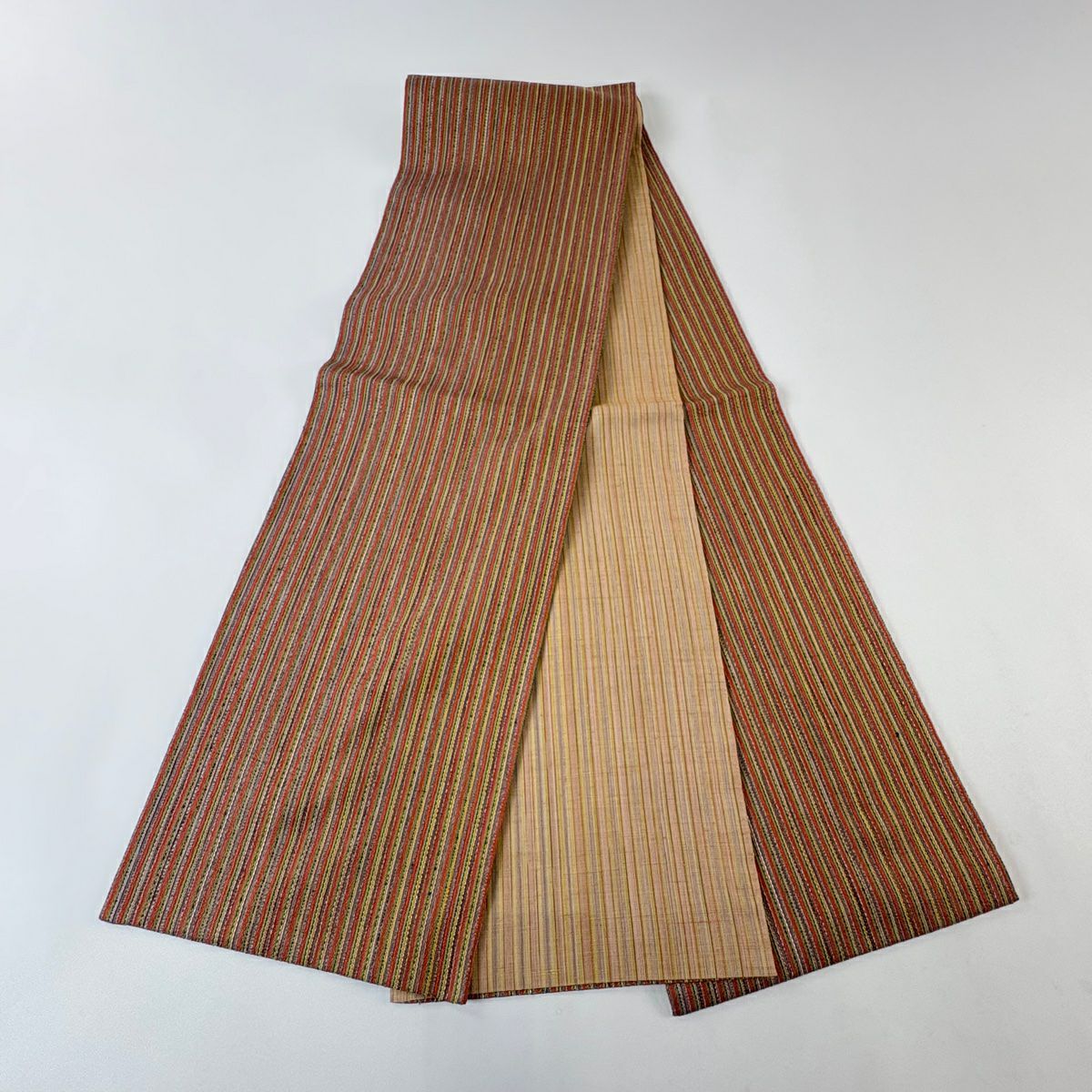 【美品】 袋帶 秀品級 縞 紅茶 全通 純蠶絲
