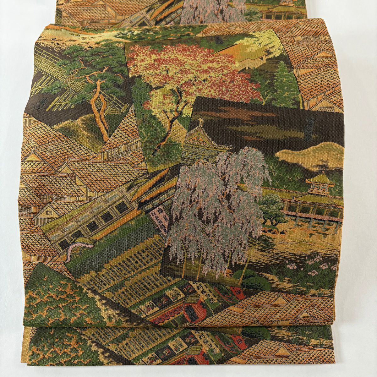 【美品】 袋帶 秀品級 落款あり 色紙 風景 橙色 全通 純蠶絲