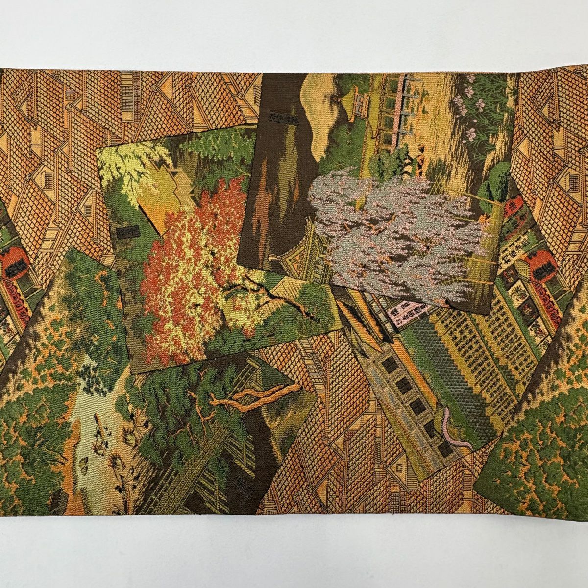 【美品】 袋帶 秀品級 落款あり 色紙 風景 橙色 全通 純蠶絲