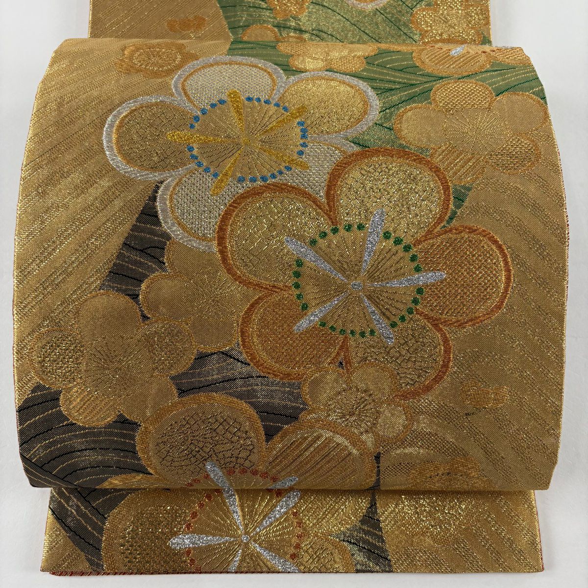 【美品】 袋帶 秀品級 振袖禮服禮服用 梅花花 金銀彩 金金箔 金色 六通 純蠶絲
