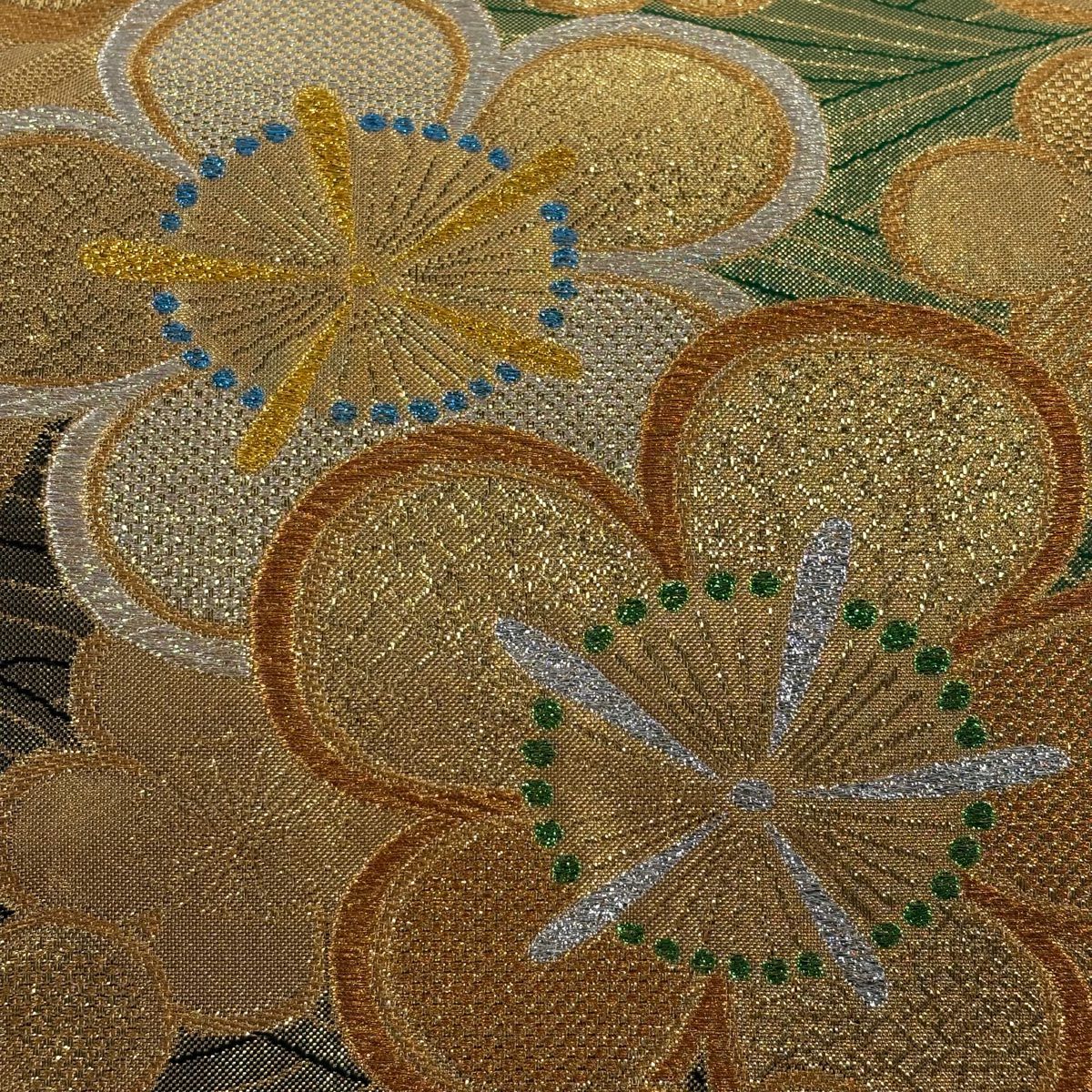 【美品】 袋帶 秀品級 振袖禮服禮服用 梅花花 金銀彩 金金箔 金色 六通 純蠶絲