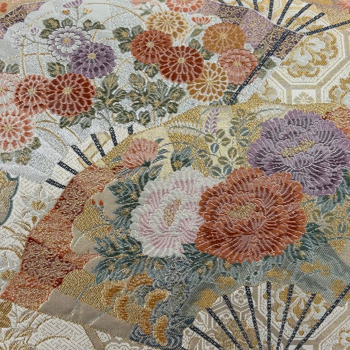 【美品】 袋帶 秀品級 關西仕立 雲扇子春秋紋樣 金絲 金金箔 金色 六通 純蠶絲