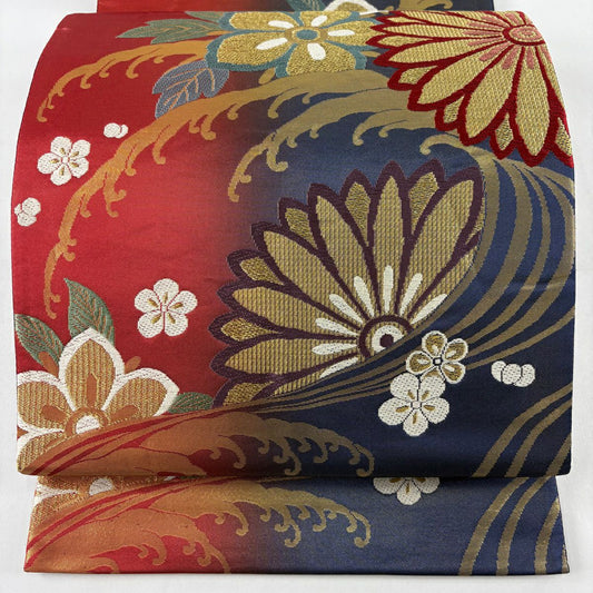 袋帶 秀品級 花 波頭 金絲 金金箔 紅 六通 純蠶絲