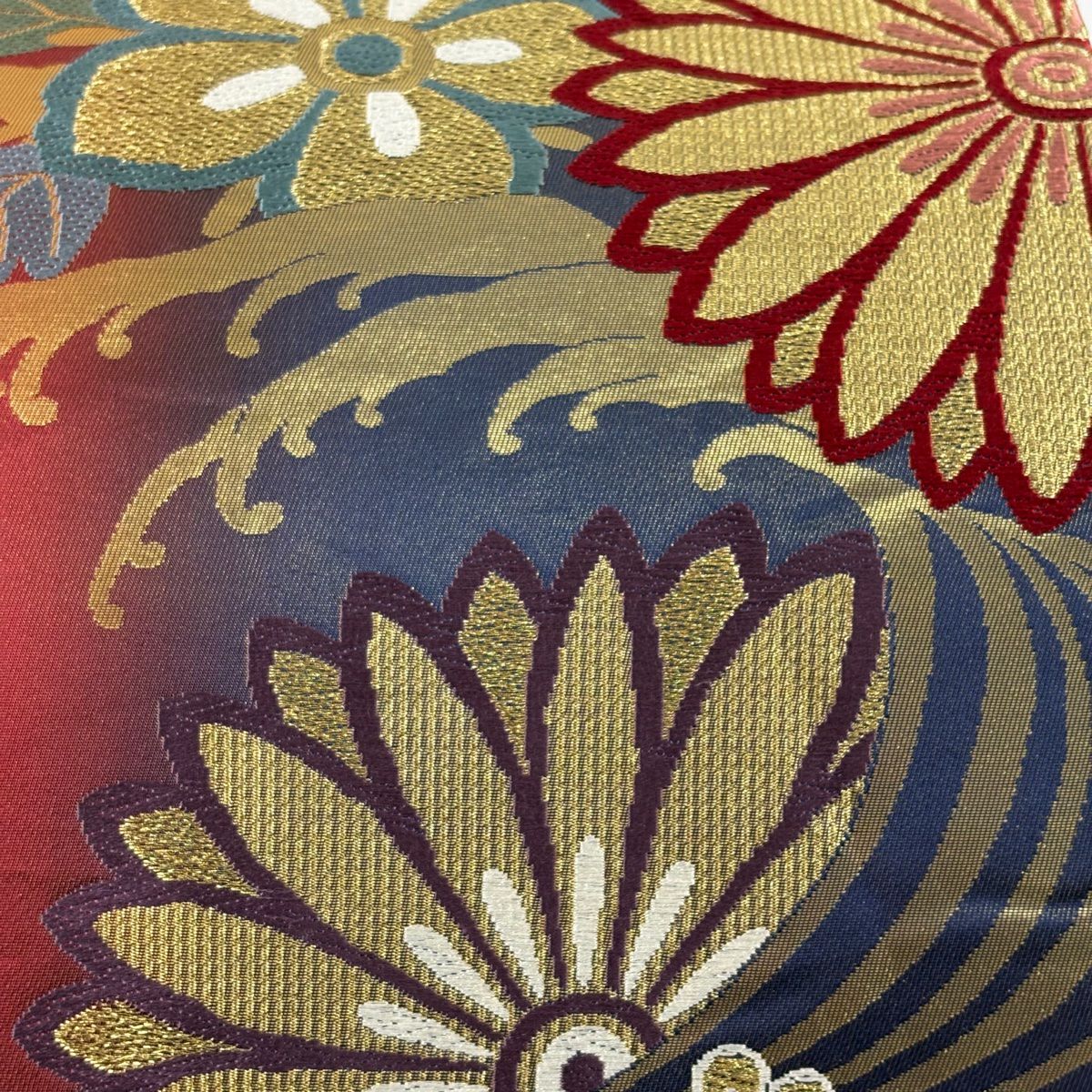 袋帶 秀品級 花 波頭 金絲 金金箔 紅 六通 純蠶絲