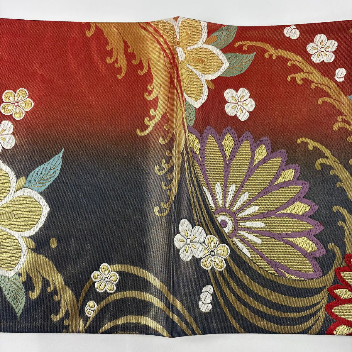 袋帶 秀品級 花 波頭 金絲 金金箔 紅 六通 純蠶絲