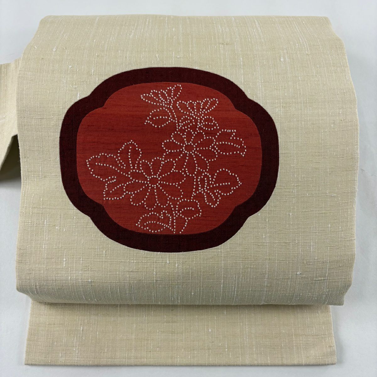 【美品】名古屋帶 秀品級 紬織織 草花紋刺繡 米色 純蠶絲