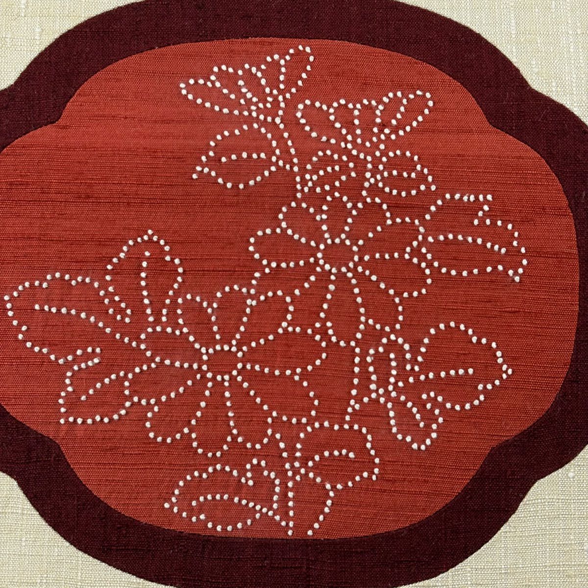 【美品】名古屋帶 秀品級 紬織織 草花紋刺繡 米色 純蠶絲