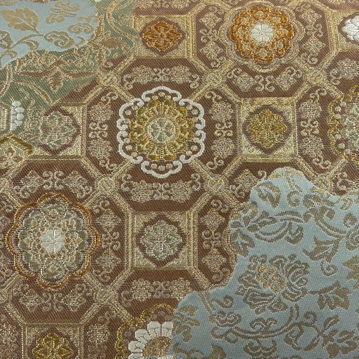 【美品】 袋帶 秀品級 華紋 花唐草紋 金絲 金金箔 淺綠 六通 純蠶絲