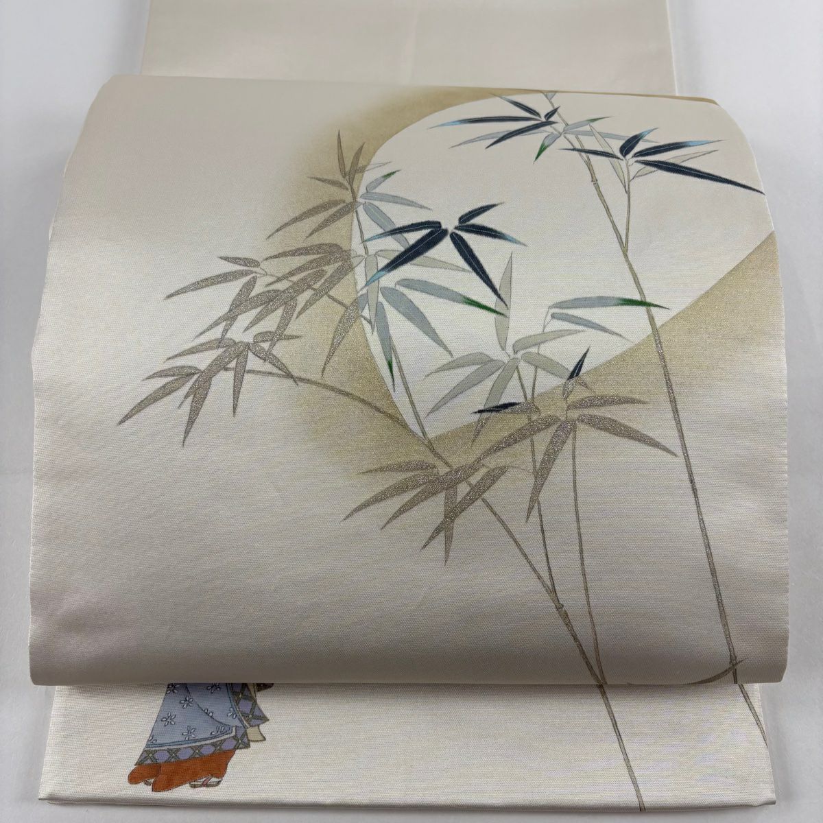 【美品】 袋帶 秀品級 有落款 竹子葉 短冊 金銀彩 奶油色 大鼓圖案 純蠶絲