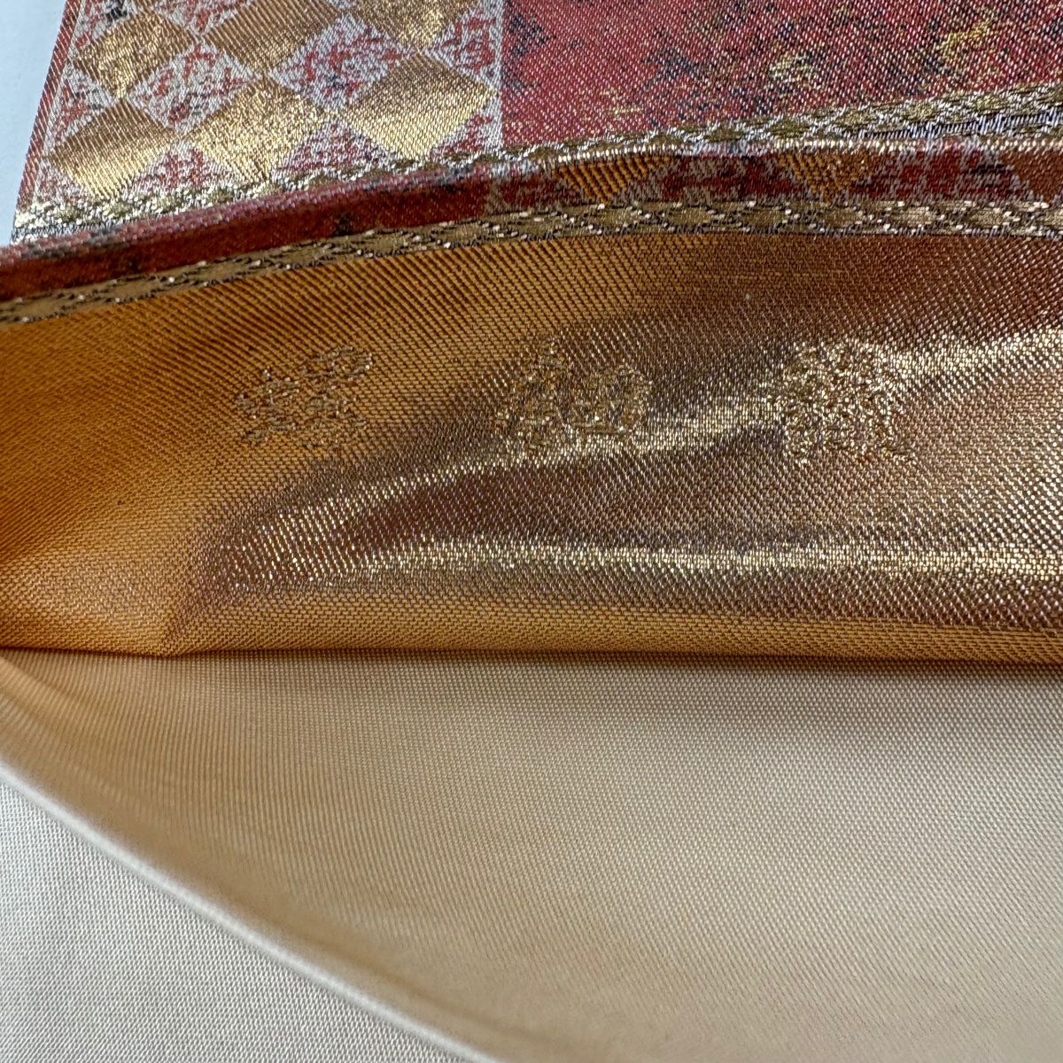 【美品】 袋帶 秀品級 菱紋 縞紋 金金箔 茶 純蠶絲