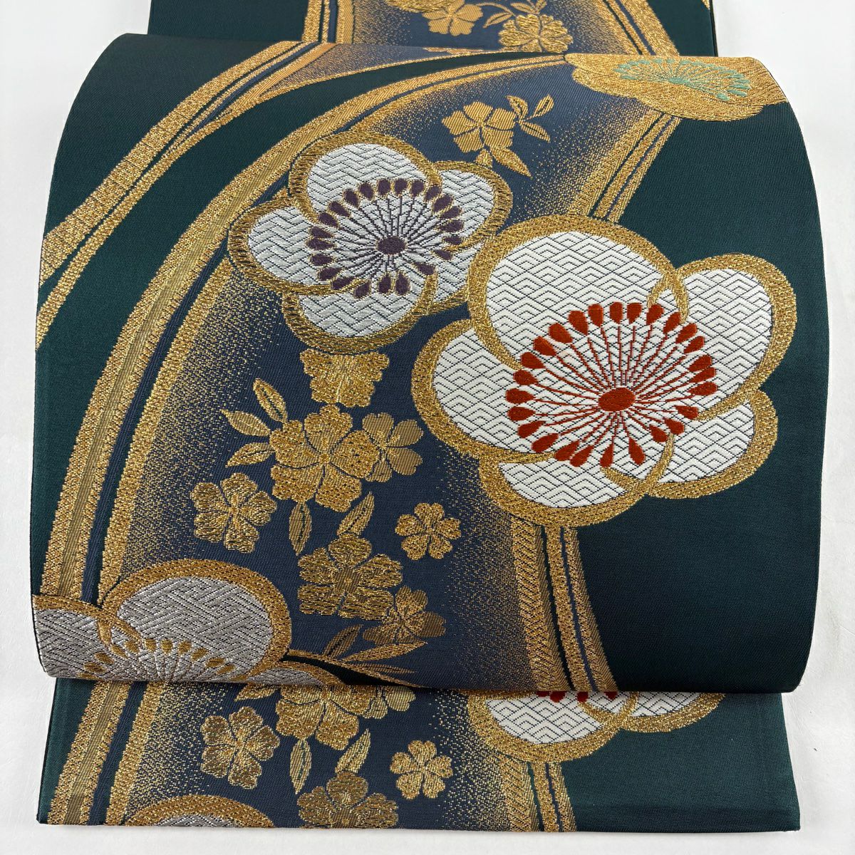 【美品】 袋帶 秀品級 梅花 櫻花 金銀彩 金金箔 綠 六通 純蠶絲