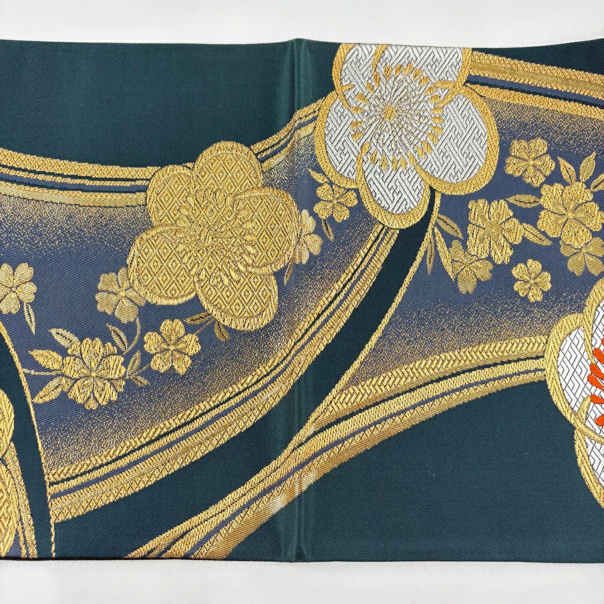 【美品】 袋帶 秀品級 梅花 櫻花 金銀彩 金金箔 綠 六通 純蠶絲
