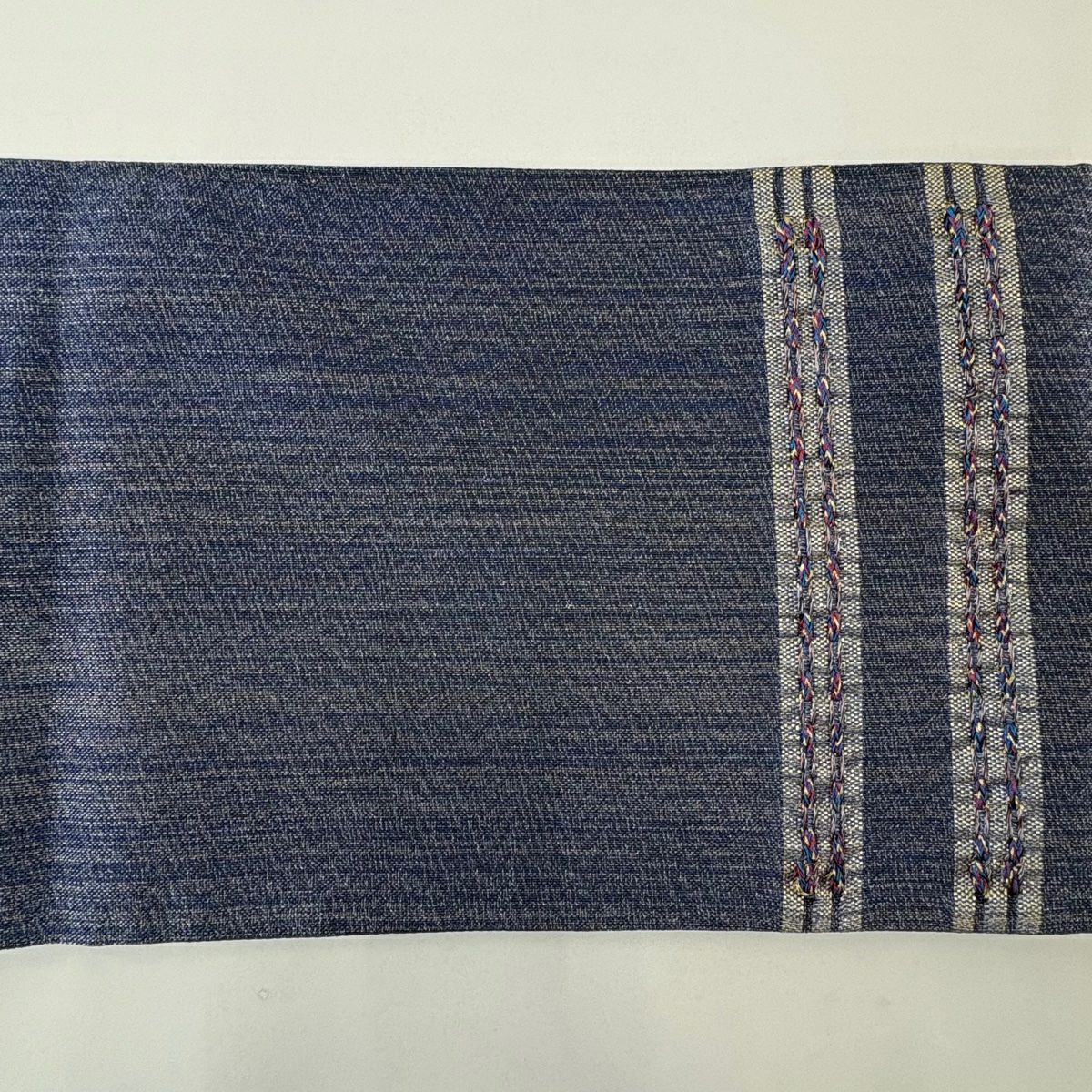 【美品】 袋帶 秀品級 縞 幾何學 刺繡 金銀彩 青紫 お太鼓柄 純蠶絲
