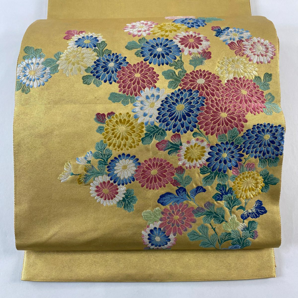 【美品】 袋帶 秀品級 菊花 金色 大鼓圖案 純蠶絲