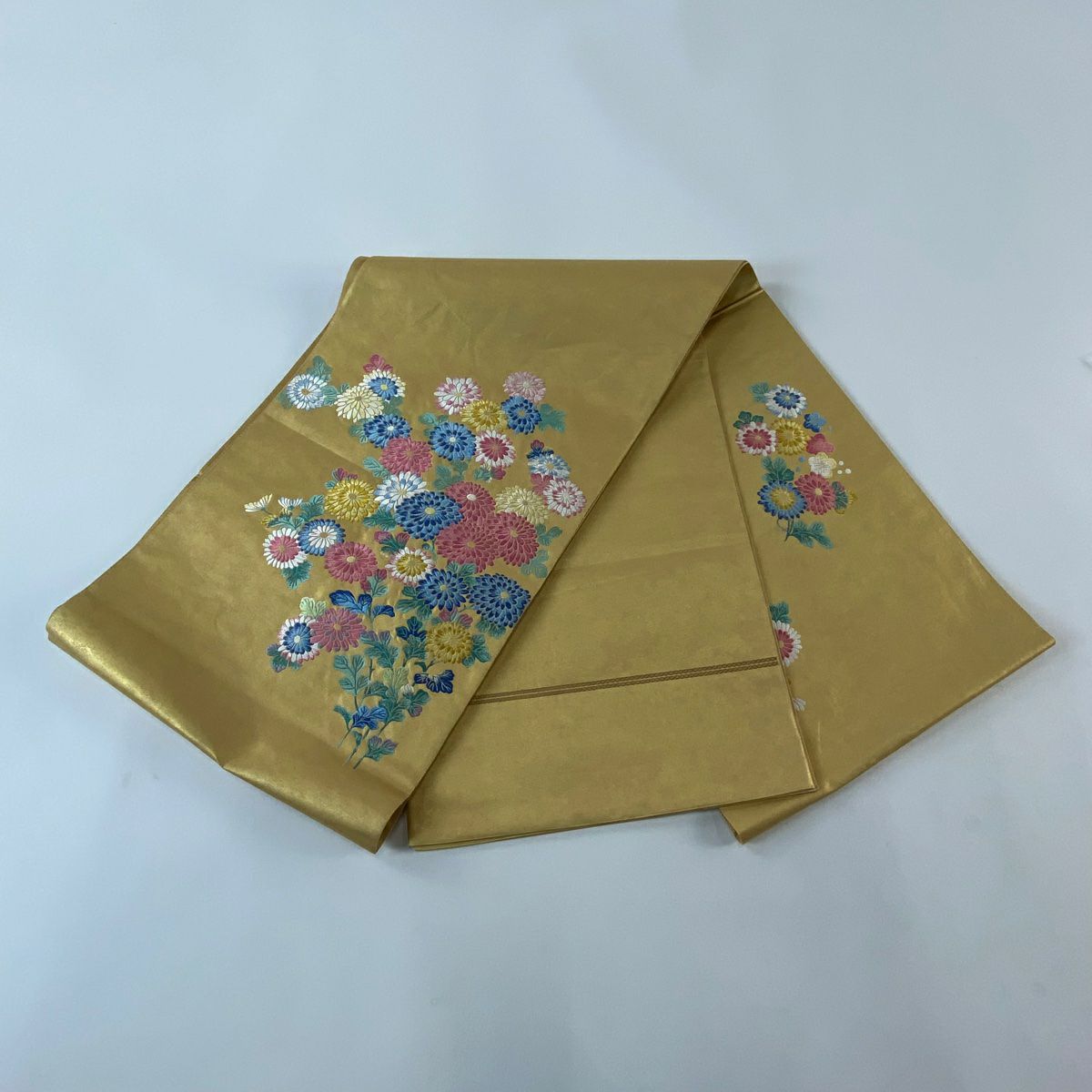 【美品】 袋帶 秀品級 菊花 金色 大鼓圖案 純蠶絲