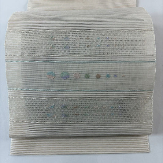 名古屋帶 秀品級 夏帶 絽 八寸名古屋帶 松樹葉仕立 雜紋 幾何學 金絲 米色 純蠶絲