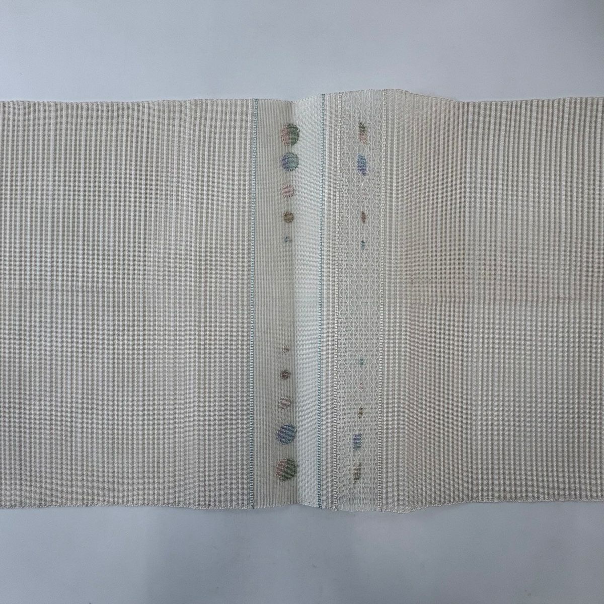 名古屋帶 秀品級 夏帶 絽 八寸名古屋帶 松樹葉仕立 雜紋 幾何學 金絲 米色 純蠶絲