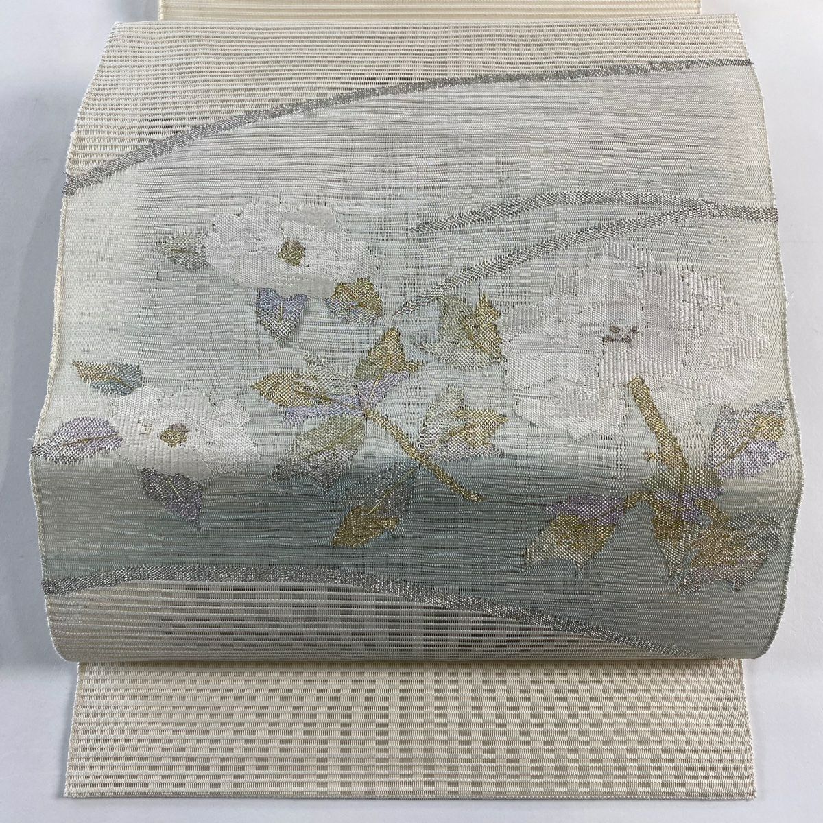 名古屋帶 秀品級 夏帶 絽 八寸名古屋帶 牡丹 椿 金銀彩 淺綠 純蠶絲