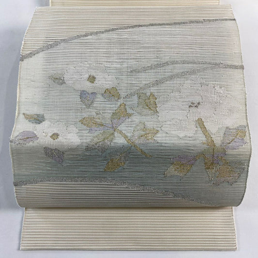 名古屋帶 秀品級 夏帶 絽 八寸名古屋帶 牡丹 椿 金銀彩 淺綠 純蠶絲