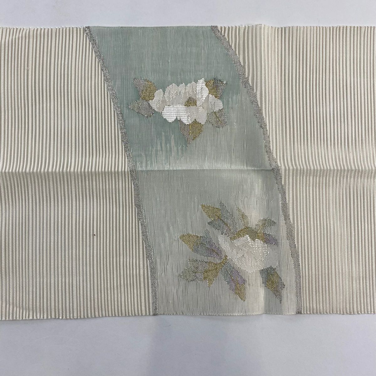 名古屋帶 秀品級 夏帶 絽 八寸名古屋帶 牡丹 椿 金銀彩 淺綠 純蠶絲