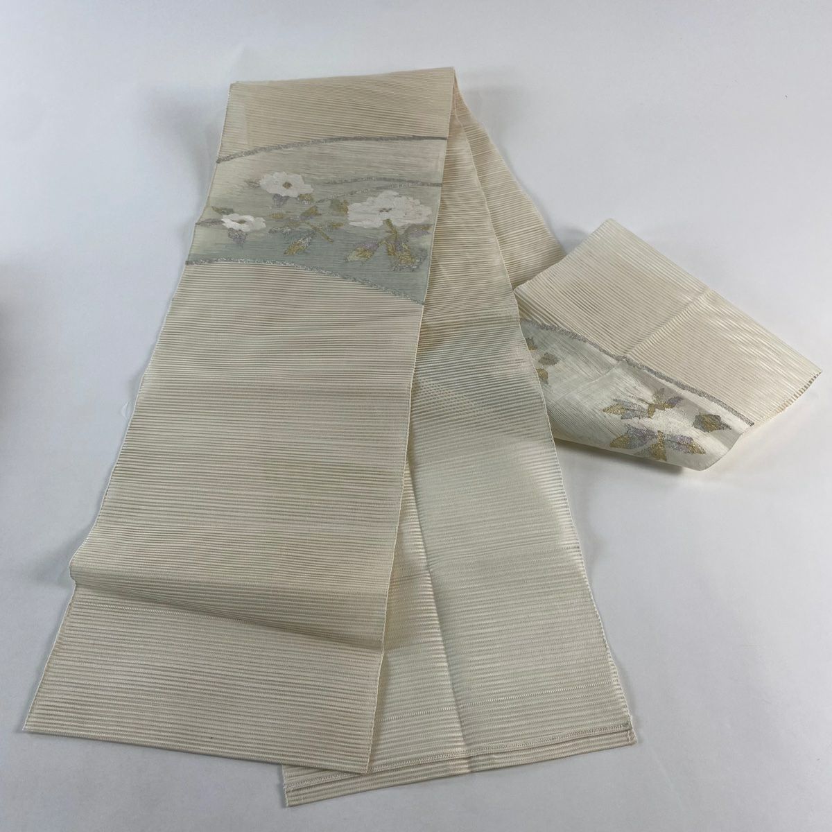 名古屋帶 秀品級 夏帶 絽 八寸名古屋帶 牡丹 椿 金銀彩 淺綠 純蠶絲