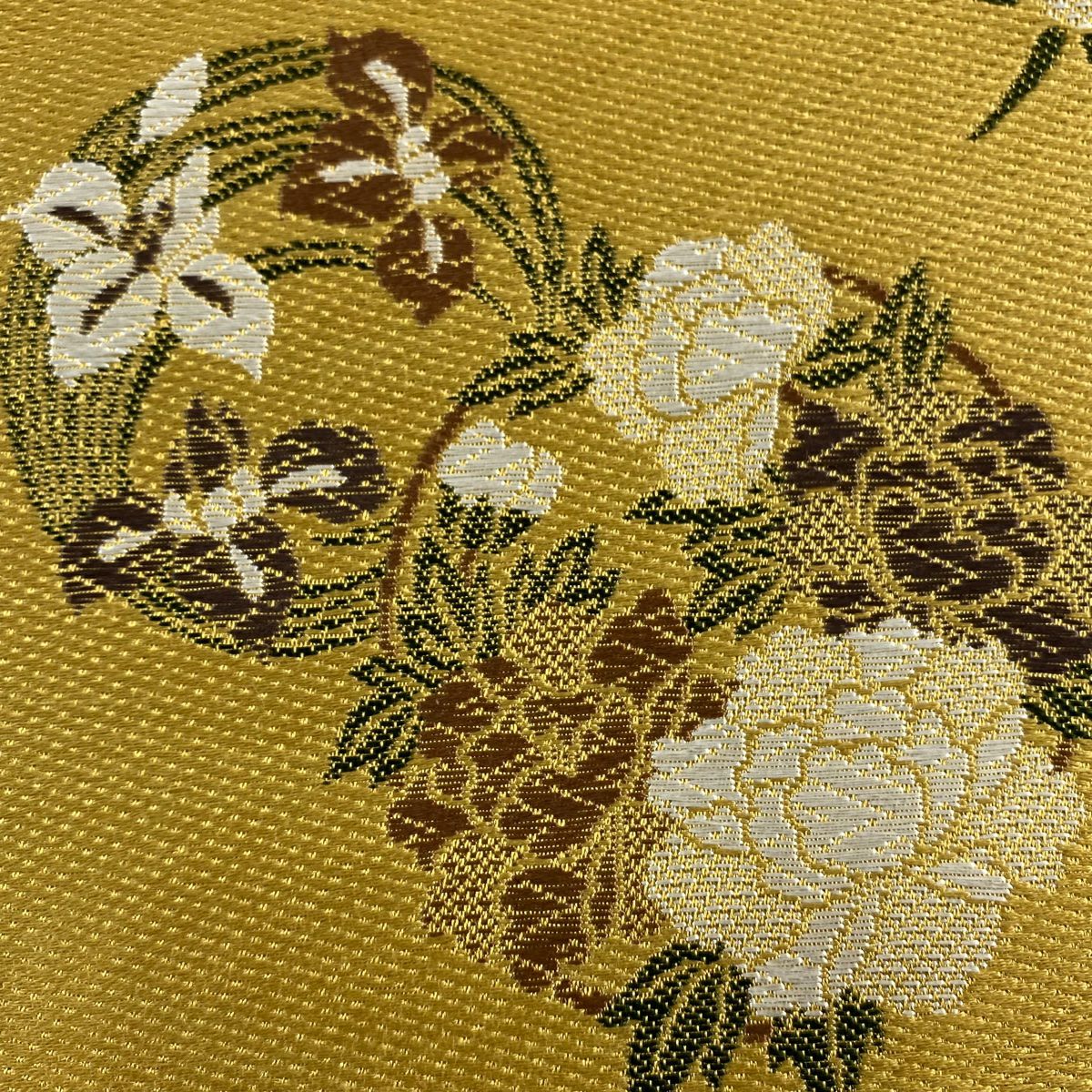 袋帶 秀品級 花丸紋 疋田 唐織 黃土 深藍 六通 純蠶絲