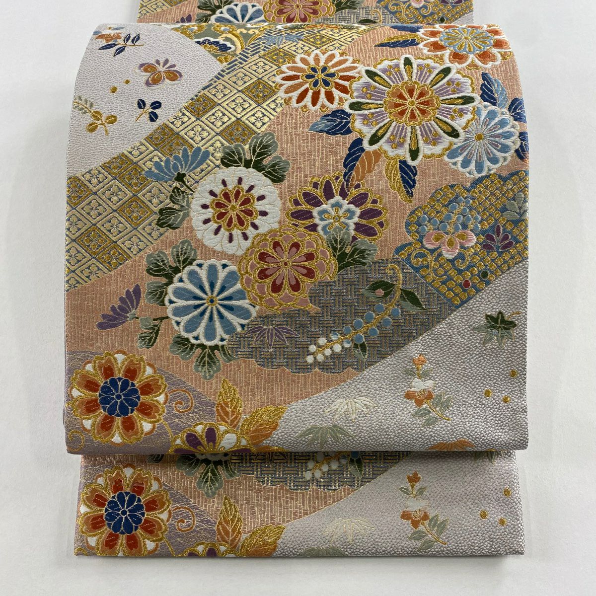 【美品】 袋帶 秀品級 華紋 草花紋 金絲 金金箔 灰紫 六通 純蠶絲