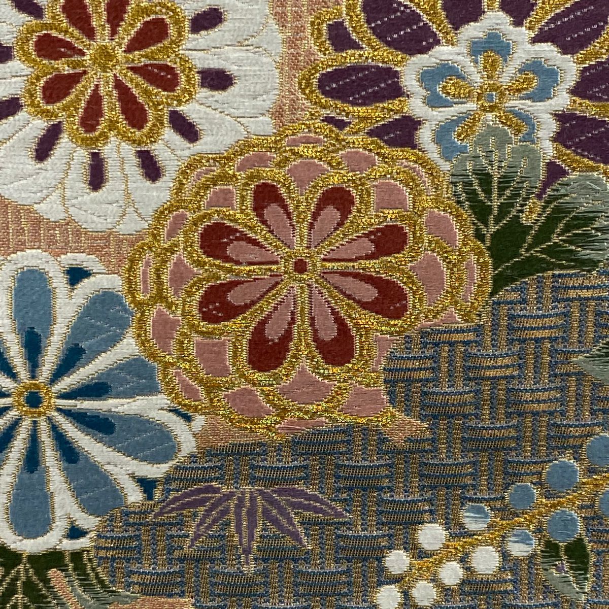 【美品】 袋帶 秀品級 華紋 草花紋 金絲 金金箔 灰紫 六通 純蠶絲
