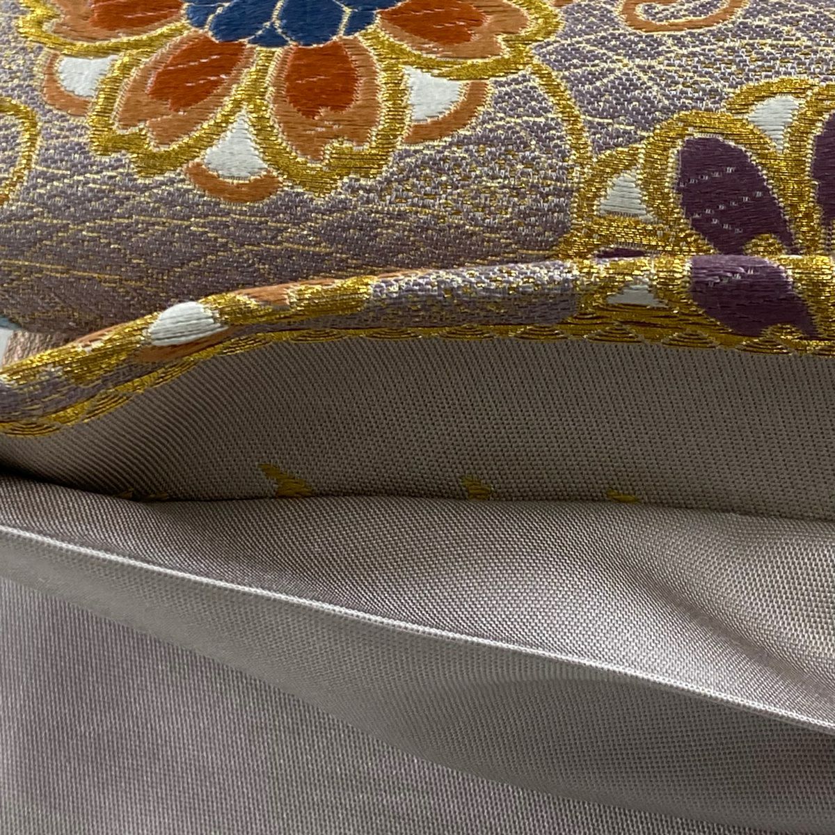 【美品】 袋帶 秀品級 華紋 草花紋 金絲 金金箔 灰紫 六通 純蠶絲