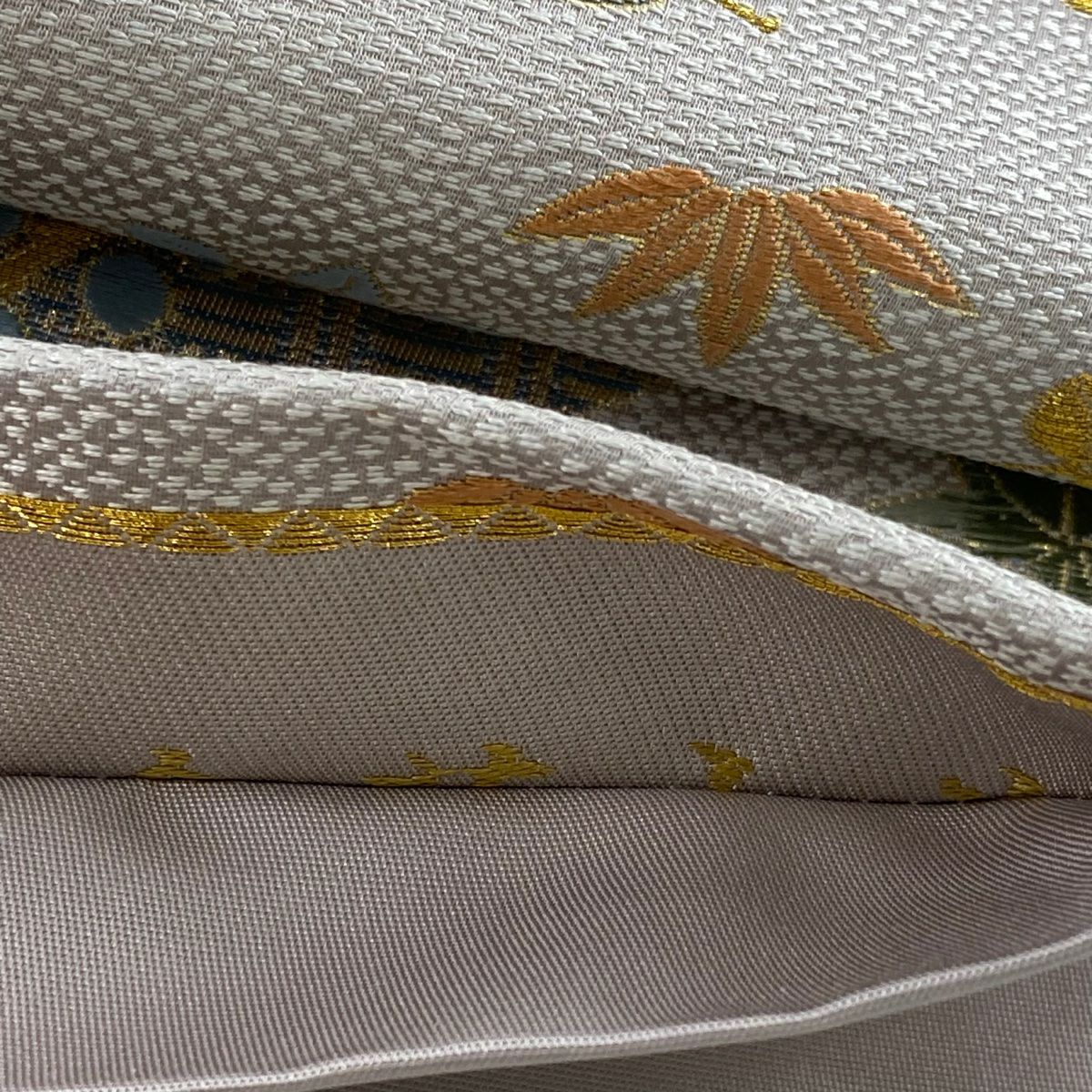 【美品】 袋帶 秀品級 華紋 草花紋 金絲 金金箔 灰紫 六通 純蠶絲