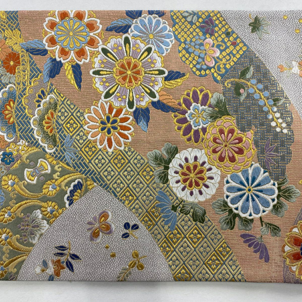 【美品】 袋帶 秀品級 華紋 草花紋 金絲 金金箔 灰紫 六通 純蠶絲