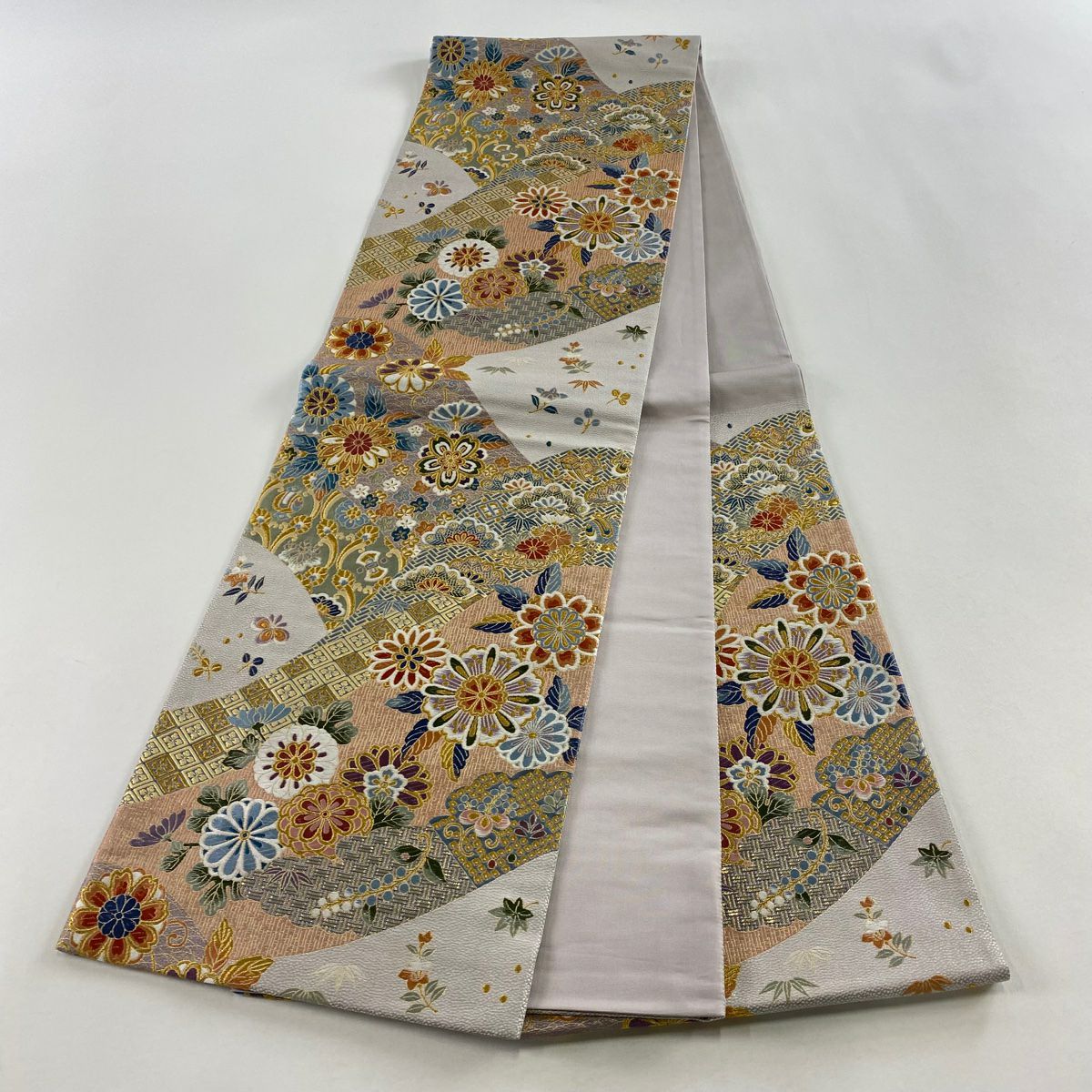【美品】 袋帶 秀品級 華紋 草花紋 金絲 金金箔 灰紫 六通 純蠶絲
