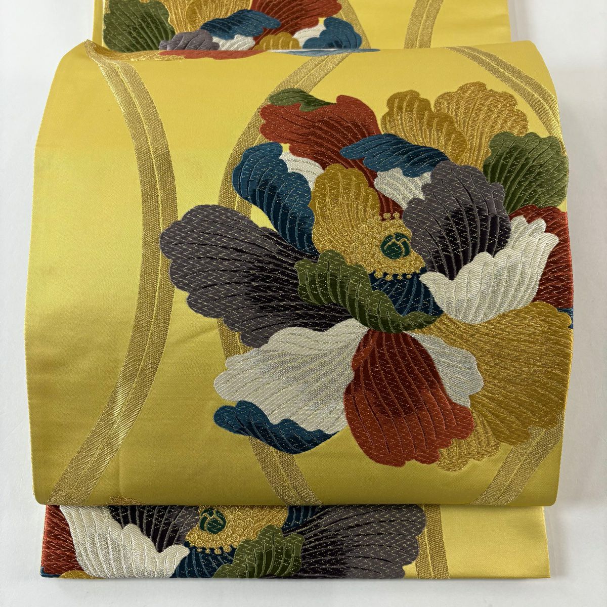 【美品】 袋帶 秀品級 立涌 花 金銀彩 刺繡 芥末色 六通 純蠶絲