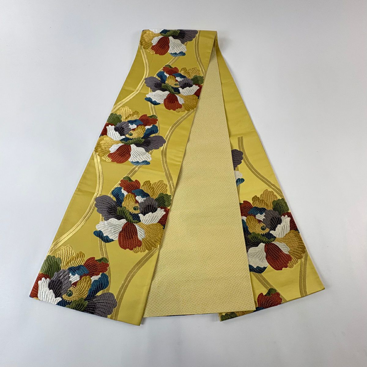 【美品】 袋帶 秀品級 立涌 花 金銀彩 刺繡 芥末色 六通 純蠶絲