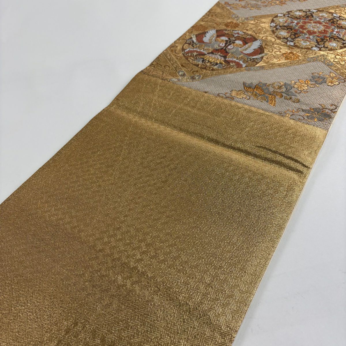 【美品】 袋帶 秀品級 華紋 草花紋 金銀彩 金金箔 金 六通 純蠶絲