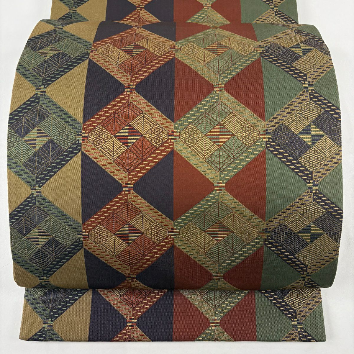 【美品】 袋帶 秀品級 菱形 縞紋 茶綠 全通 純蠶絲