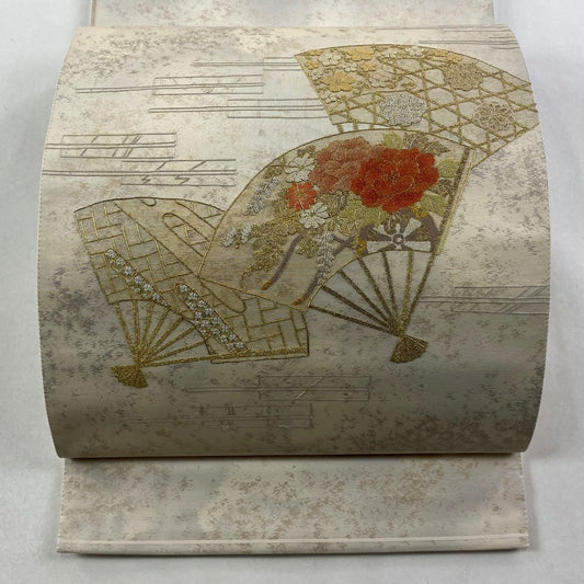 袋帶 秀品級 關西仕立 雙層 扇子 草花紋 金銀彩 奶油色 大鼓圖案 純蠶絲