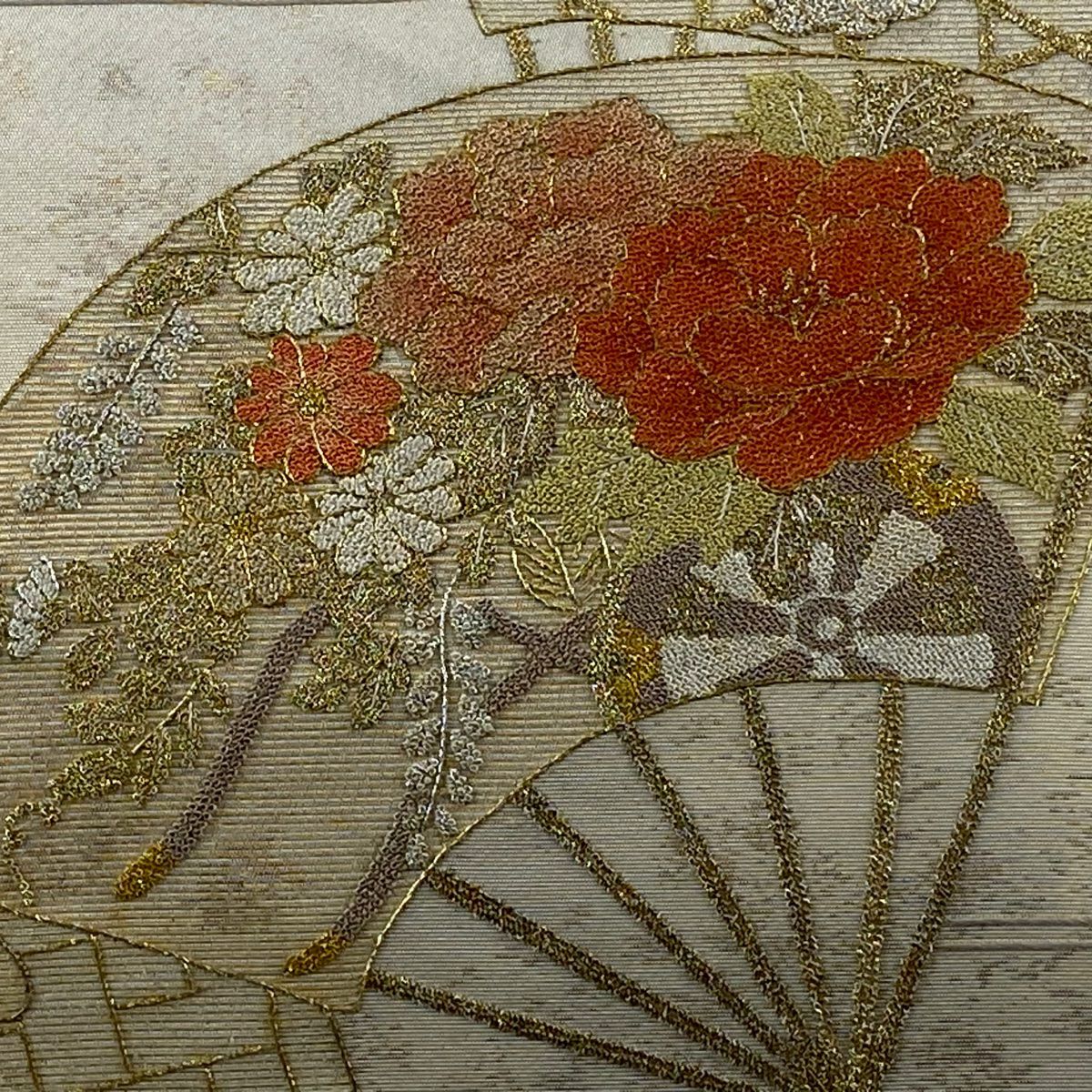 袋帶 秀品級 關西仕立 雙層 扇子 草花紋 金銀彩 奶油色 大鼓圖案 純蠶絲