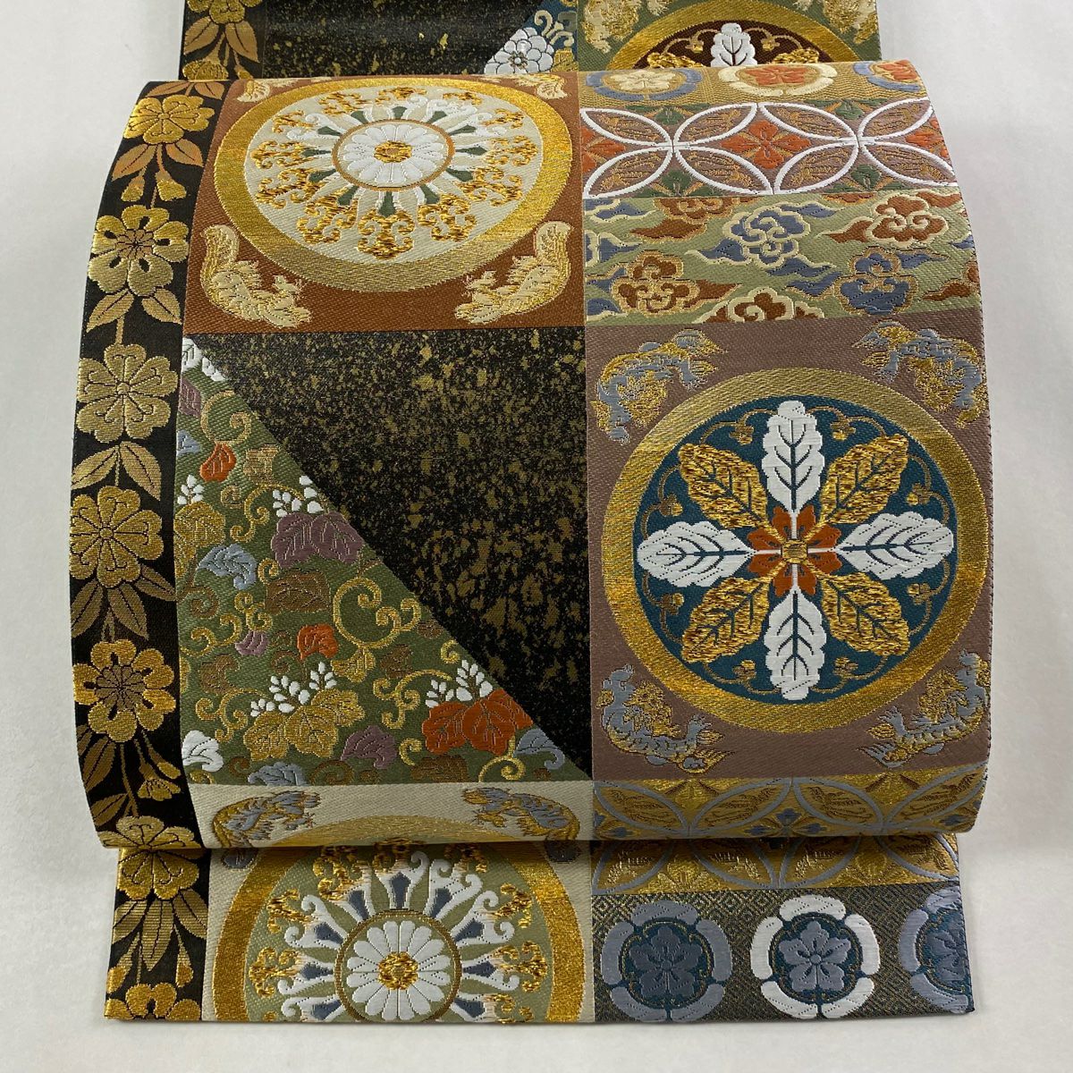 【美品】 袋帶 秀品級 花鳥 桐唐草紋 金絲 金金箔 墨 深藍 六通 純蠶絲