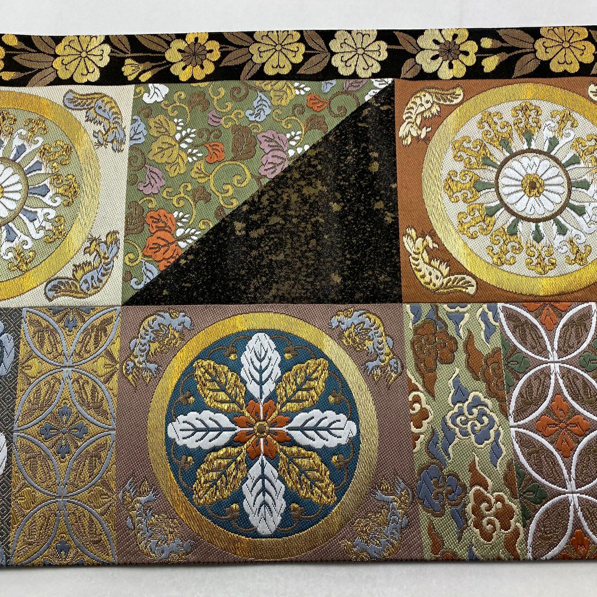 【美品】 袋帶 秀品級 花鳥 桐唐草紋 金絲 金金箔 墨 深藍 六通 純蠶絲