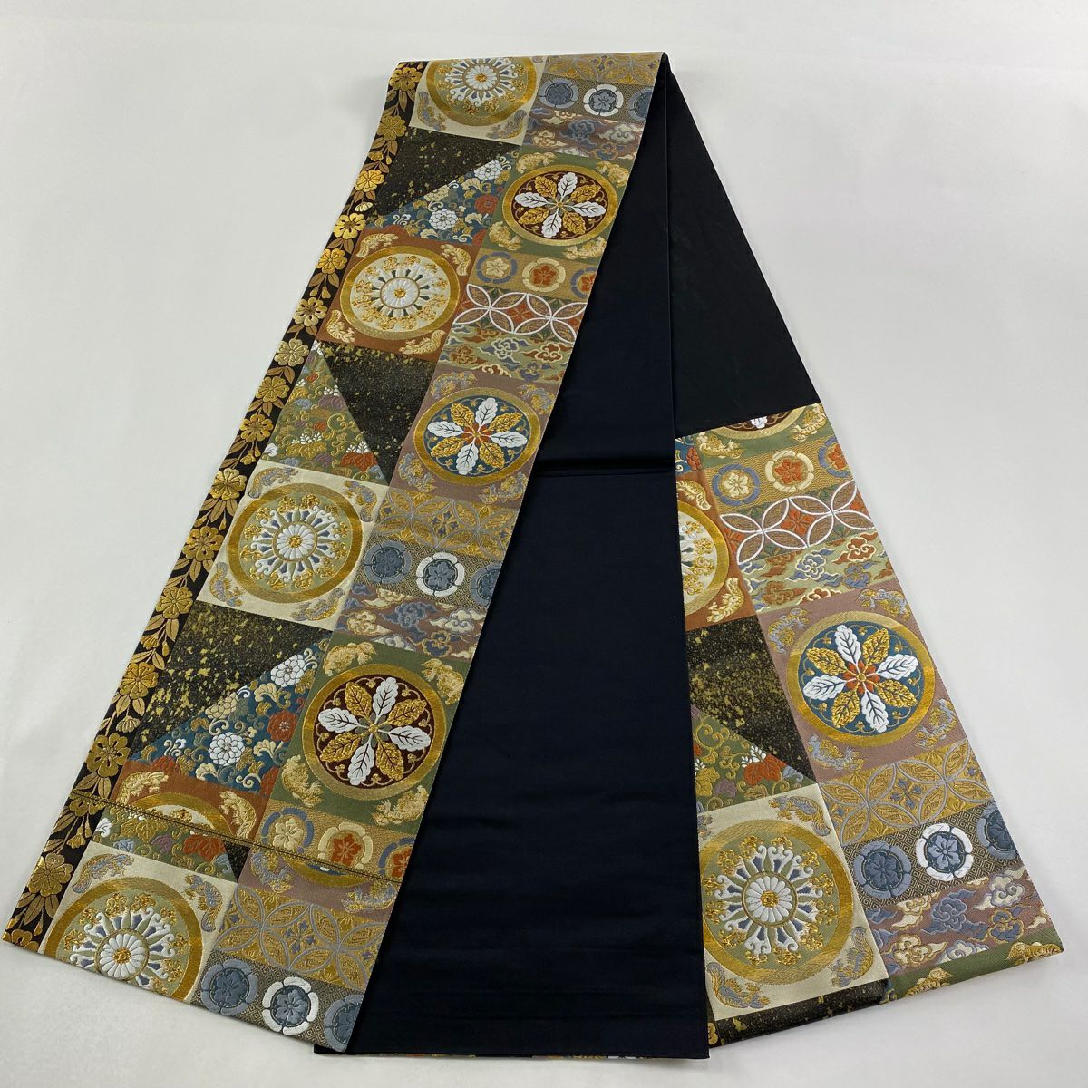 【美品】 袋帶 秀品級 花鳥 桐唐草紋 金絲 金金箔 墨 深藍 六通 純蠶絲