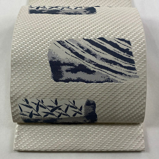 袋帶 秀品級 竹子葉 幾何圖案 米色 大鼓圖案 純蠶絲