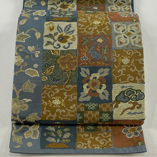 袋帶 秀品級 草花紋 紅兔 金絲 青灰 六通 純蠶絲