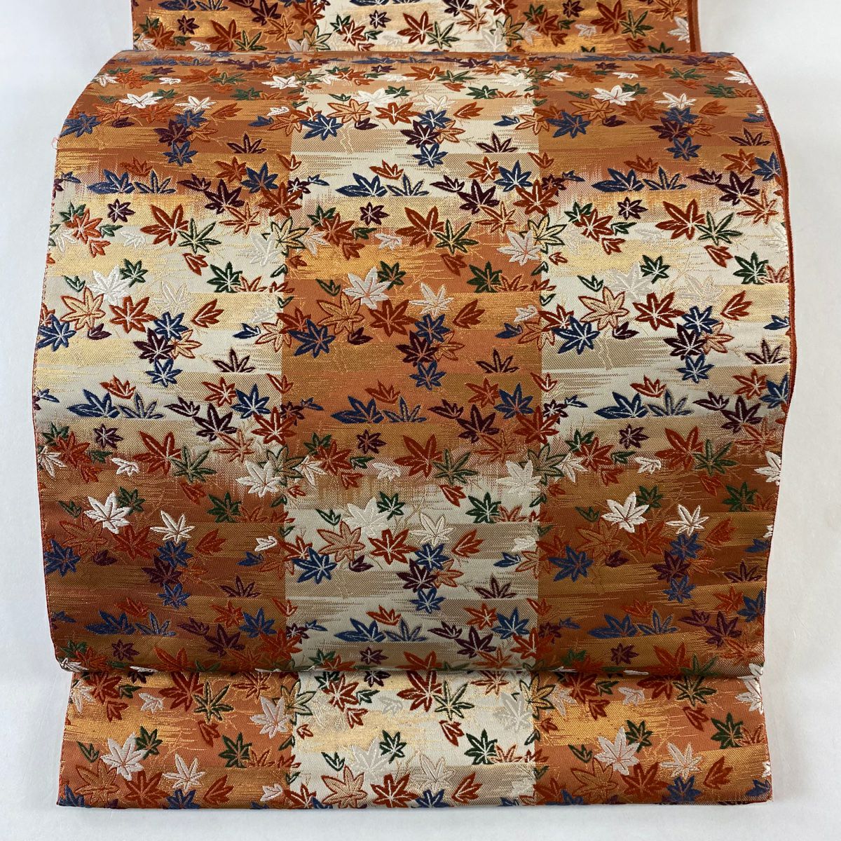 【美品】 袋帶 秀品級 楓 霞 金金箔 紅茶 六通 純蠶絲