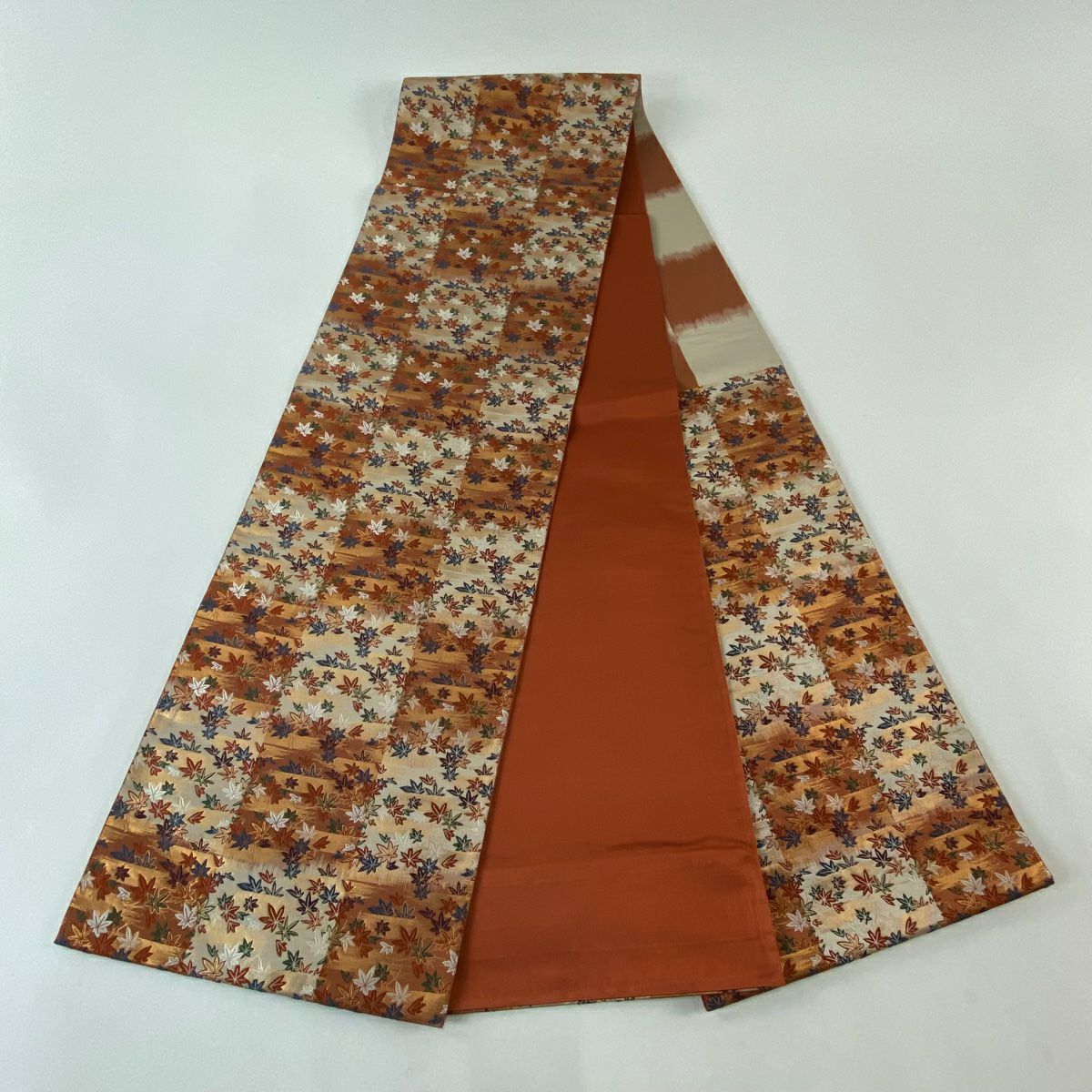 【美品】 袋帶 秀品級 楓 霞 金金箔 紅茶 六通 純蠶絲